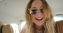 Portrait Beautiful Hipster Girl Taking Photos With Retro Digital Camera Road Trip Camper Van