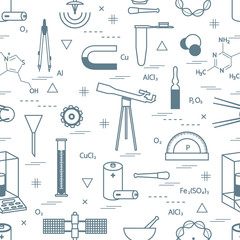 Seamless pattern with variety scientific, education elements: dividers, formula, test-tube, satellites, batteries and other.