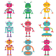 Robots, Set Of Nine Cute Characters