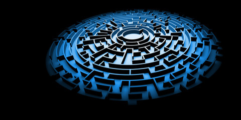 blue circular maze structure ablaze with light surrounded by darkness