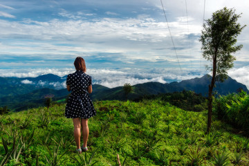 This woman was a mist in the mountains with beautiful nature at chiang Rai,Thailand