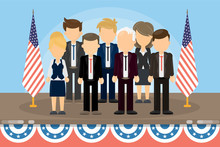 Group Of American Politicians Standing On The Stage With American Flags.