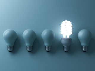 Fototapete - Energy saving light bulb , one glowing compact fluorescent lightbulb standing out from unlit incandescent bulbs on green background , individuality and different creative idea concepts . 3D rendering.
