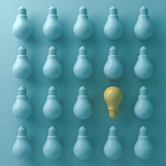 Poster - Think different concept , One yellow light bulb stand out from unlit green incandescent lightbulbs with shade and shadow , individuality and different business creative idea concept. 3D rendering.