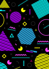 Wall Mural - geometric background in memphis 80-90s style with black background. vector illustration. a4 format.