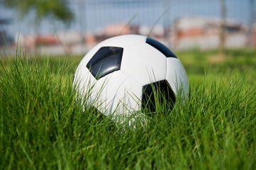 Wall Mural - Soccer football on the green grass.