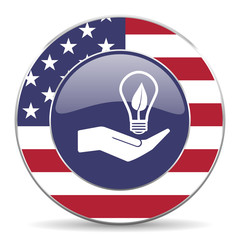 Aufkleber - Ecology bulb on hand usa design web american round internet icon with shadow on white background.