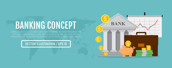 Wall Mural - Business infographic web banner. Banking concept. Vector illustration. Flat modern design. EPS 10.
