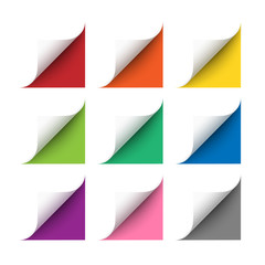 Poster - Vector realistic white paper corners set with soft shadow on white background. 3D page corners curled. Paper corners rolled with red, orange, yellow, green, blue, purple and gray background.