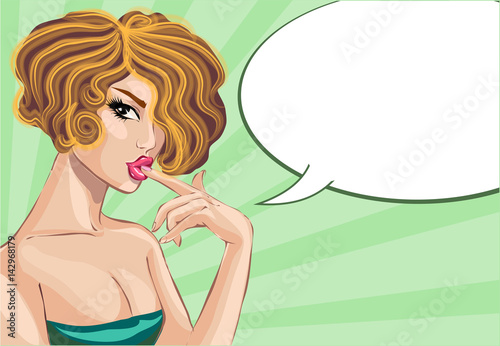 Fototapeta na wymiar Pin up style sexy woman with speech bubble, pop art comic girl portrait, vector illustration