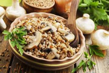 Wall Mural - Buckwheat porridge with champignons