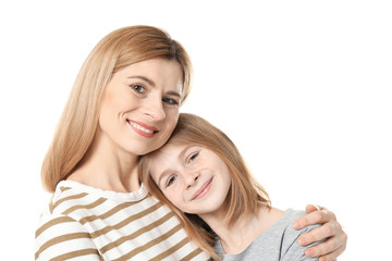 Wall Mural - Happy mother and daughter on white background