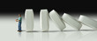 © Michael O'Keene - Impending doom and demise of man with pharmaceutical pain medication addiction represented by huge row of pills crashing over like dominoes to eventually crush the man.
