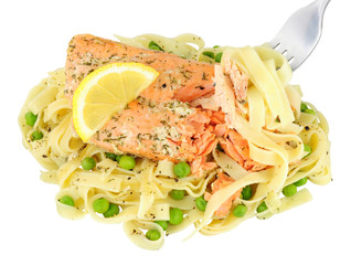 Wall Mural - Salmon And Tagliatelle Pasta Meal Isolated On White