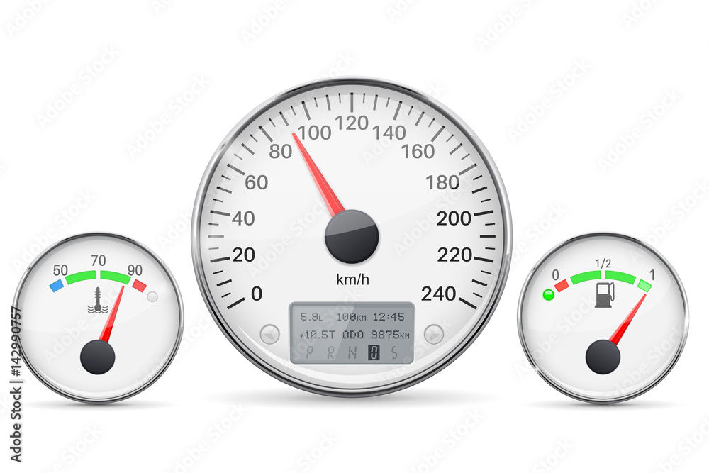 Car dashboard gauges with metal frames. Speedometer, fuel gauge and ...