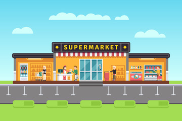 Poster - Supermarket, store, hypermarket building with shopping people and seller assistants vector illustration