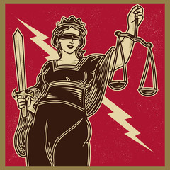 Vintage propaganda poster and elements. Retro Clip art of lady justice Themis holding scales balance and sword. Isolated artwork object. Suitable for and any print media need.