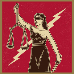 Vintage propaganda poster and elements. Retro Clip art of lady justice Themis holding scales balance and knife. Isolated artwork object. Suitable for and any print media need.