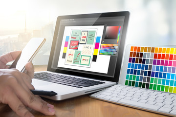 Aufkleber - Creative Designer Graphic at work. Color swatch samples, Illustrator Graphic designer working digital tablet and computer