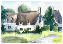 English Cottage. Old England. Watercolor Hand Drawn Illustration.