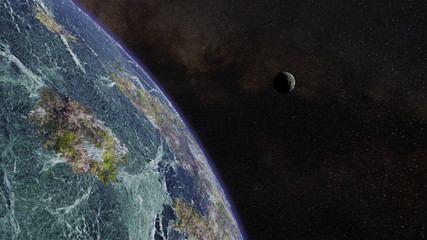 Wall Mural - exotic alien planet in front of a moon and a star field