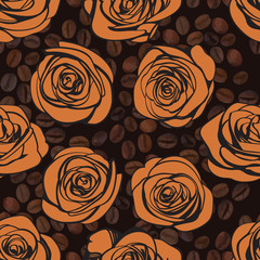 Wall Mural - Abstract tea roses and coffee beans seamless pattern on brown background. Good morning vintage doodle texture for kitchen or cafe decoration. Vector illustration