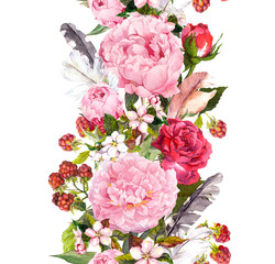 Wall Mural - Floral border with flowers, roses, feathers. Vintage repeated strip. Watercolor