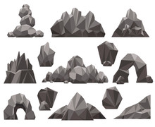Cartoon 3d Rock And Stone Set Vector Illustration. Mountain Rocks And Pile Of Stones Isolated On White Background