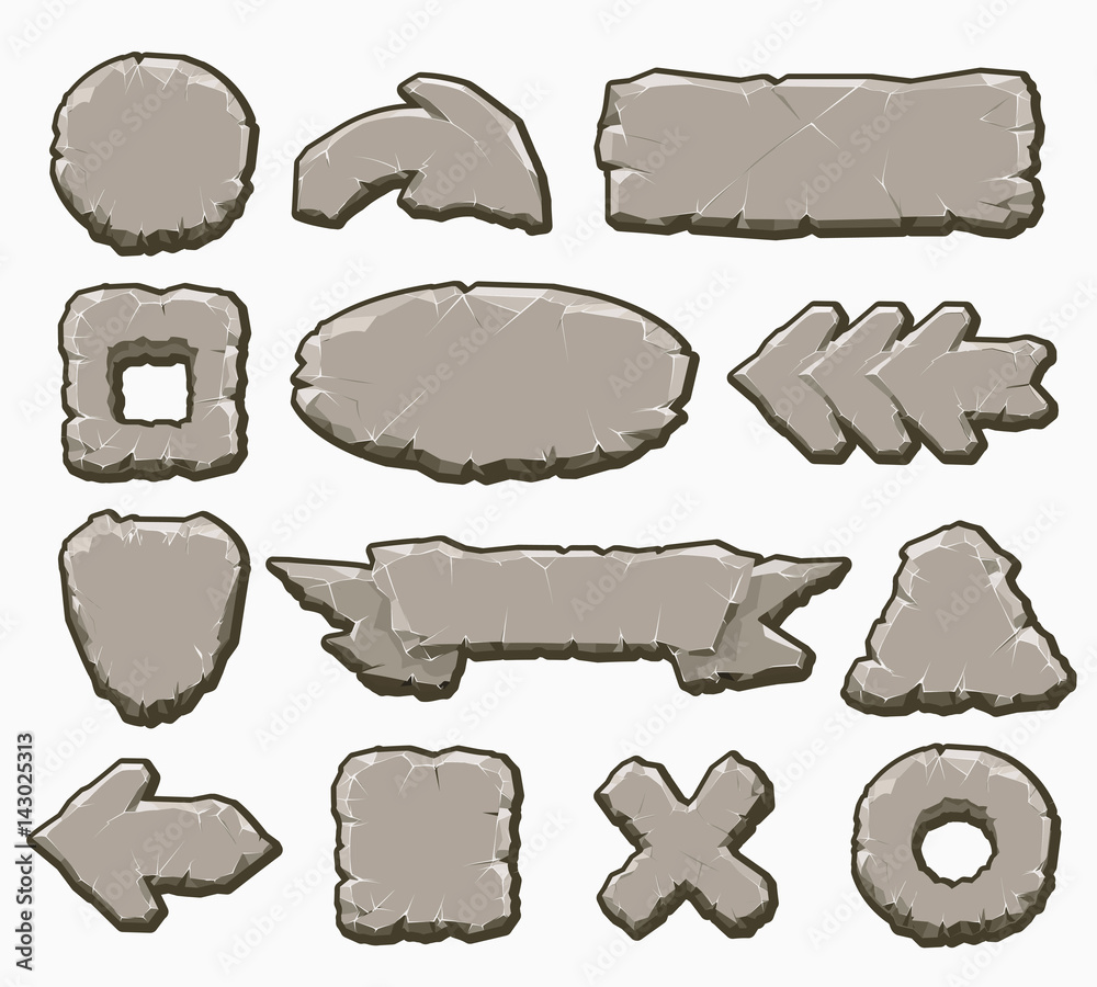 Rock interface buttons vector illustration. Cartoon stone ui elements ...