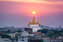 Twilight Time : The Golden Mount At Wat Sraket Rajavaravihara Temple, Travel Landmark Of Bangkok, Thailand