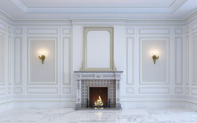 Canvas Print - A classic interior is in light tones with fireplace. 3d rendering.