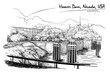 Hoover Dam stunning panoramic view. Black and white linear hand drawing. Sketch style. EPS10 vector illustration.