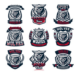 Wall Mural - Set emblems, logos, stickers, aggressive wolf ready to attack predator. Vector illustration, printing on T-shirts.