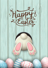 Easter motive, bunny bottom and easter eggs in fresh grass on blue wooden background, illustration