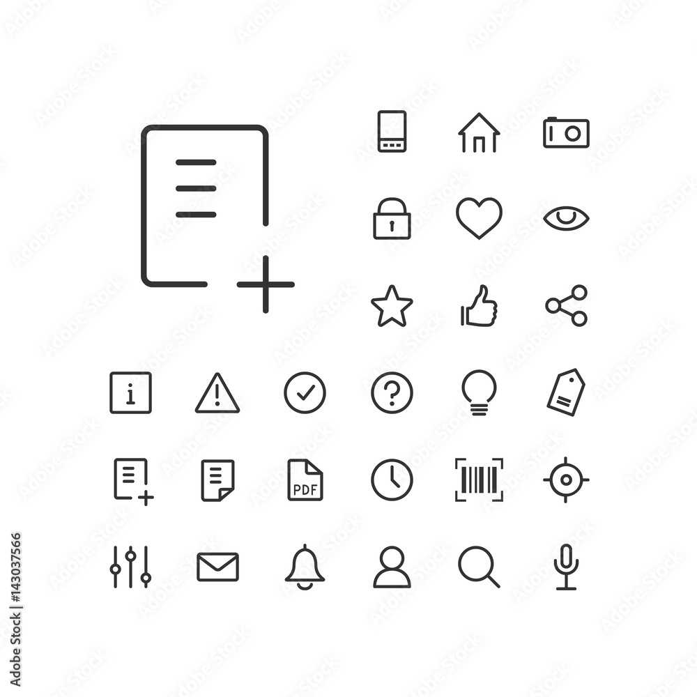 Document add icon in set on the white background. Universal linear ...