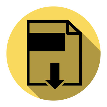 File download sign. Vector. Flat black icon with flat shadow on royal yellow circle with white background. Isolated.