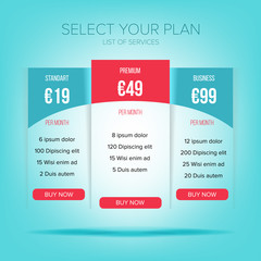 Poster - Pricing Business Plans Vector. Contemporary Pricing Business Plans, Data Table Template For Web And Applications. Hosting For Website Tariff illustration