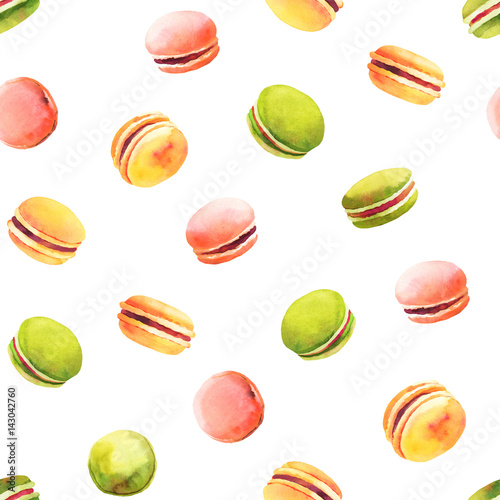 Naklejka na szybę Sweet and colourful french macaroons seamless pattern. Watercolor illustration