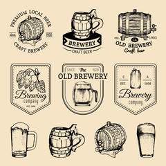 Wall Mural - Old brewery logos set. Kraft beer retro signs or icons with hand sketched glass, barrel etc. Vector vintage badges.