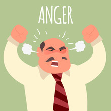 Illustration Of An Angry Boss Businessman. Emotional Businessman In Rage. Feeling Anger. Emoticon, Emoji. Simple Style Vector Illustration