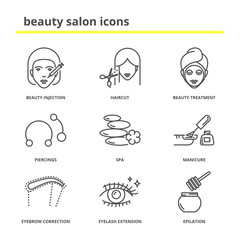 Wall Mural - Beauty salon icons set: injection, haircut, treatment, piercings, spa, manicure, eyebrow correction, eyelashes extension, epilation