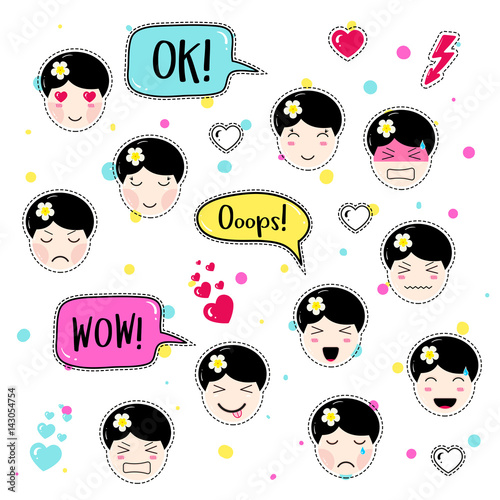 Set Of Cute Patch Badges Girl Emoji With Different Emotions And