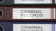 Vertical stack of multicolor office binders with Criminal records tags 3D rendering