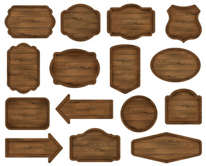 Wooden stickers, label collection. Set №7 of various shapes dark wooden sign boards for sale, price and discount banners, badges isolated on background. Vector realistic illustration. 