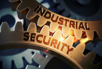 Poster - Industrial Security on Mechanism of Golden Cog Gears with Lens Flare. Industrial Security on the Mechanism of Golden Metallic Cog Gears with Glow Effect. 3D Rendering.