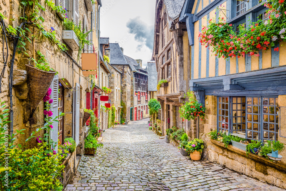 Beautiful alley scene in an old town in Europe - obrazy, fototapety, plakaty 