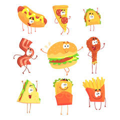 Poster - funny fast food, set for label design. cartoon detailed illustrations isolated