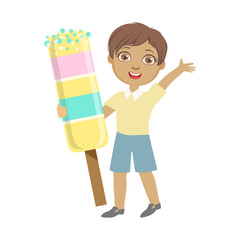 Poster - Happy little boy holding a huge ice cream, a colorful character