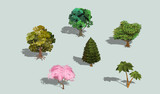 Fototapeta  - Set of vector 3D isometric trees with shadow. Collection of icons of street plants for creating your own design
