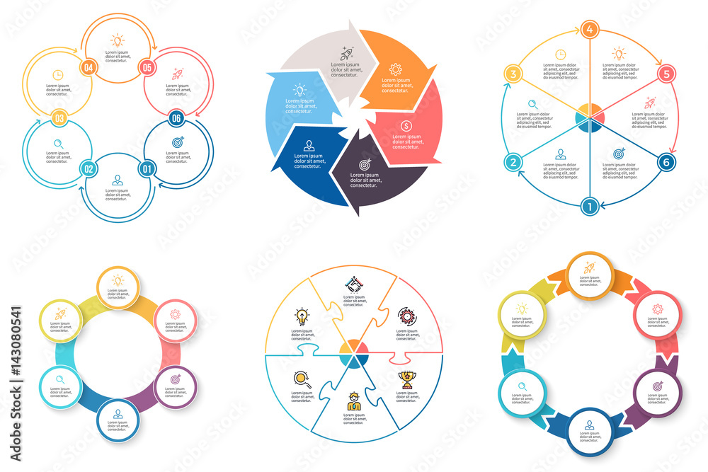 Business infographics. Diagrams with 6 steps, options. Vector pie ...
